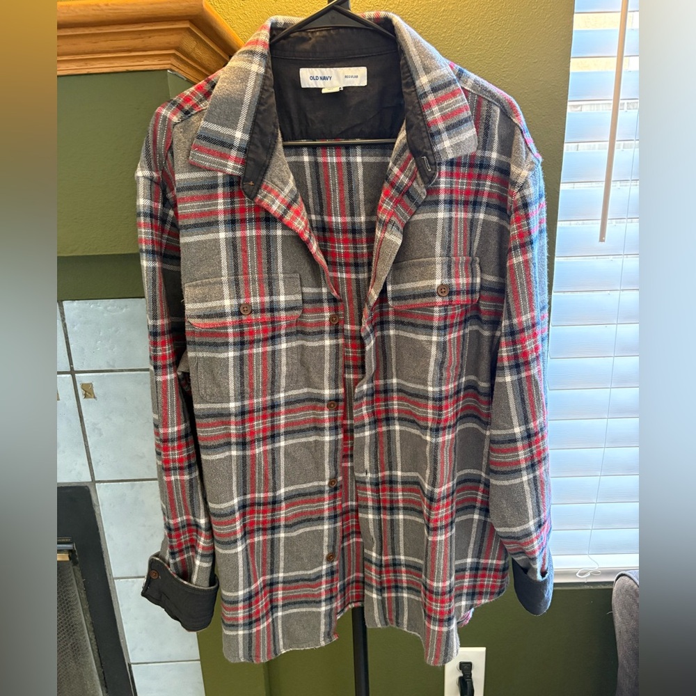 Old Navy Red and Gray Plaid Button-Down Shirt